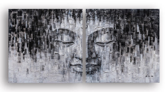 Original art "Whispers of Serenity" - Hand-painted Textured Abstract Buddha Painting, Monochromatic Modern Art, Contemporary Diptych Canvas