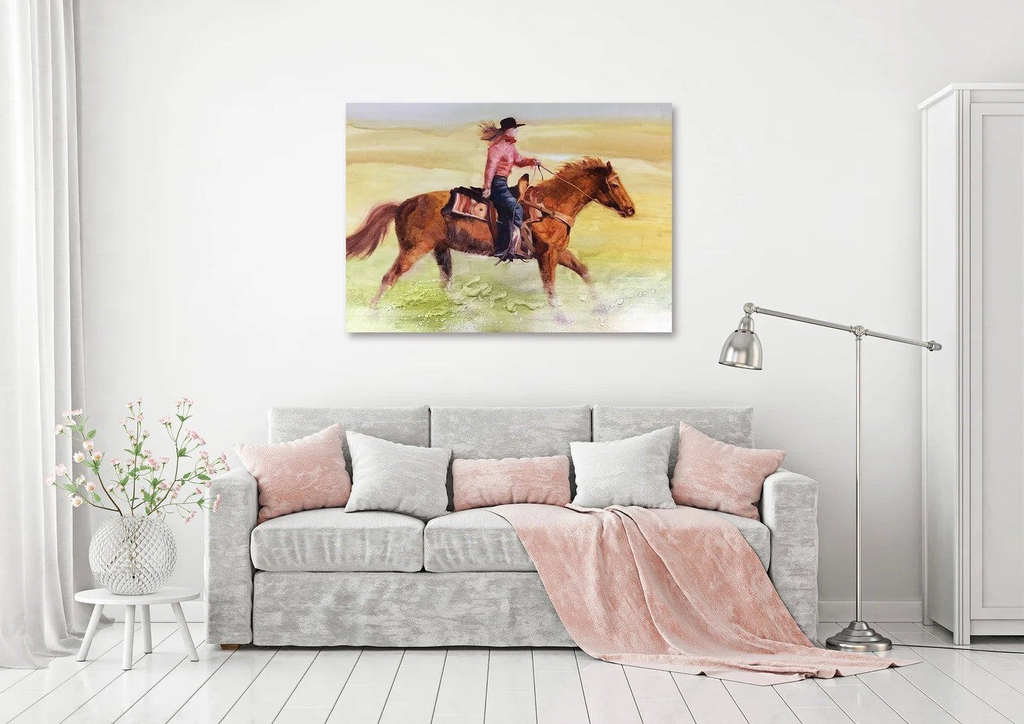 Original "River Ride: Girl Cowboy on a Running Horse" Hand Painted Artwork for Living Room, Bedroom, Foyer, Bar or Office - Framed Canvas