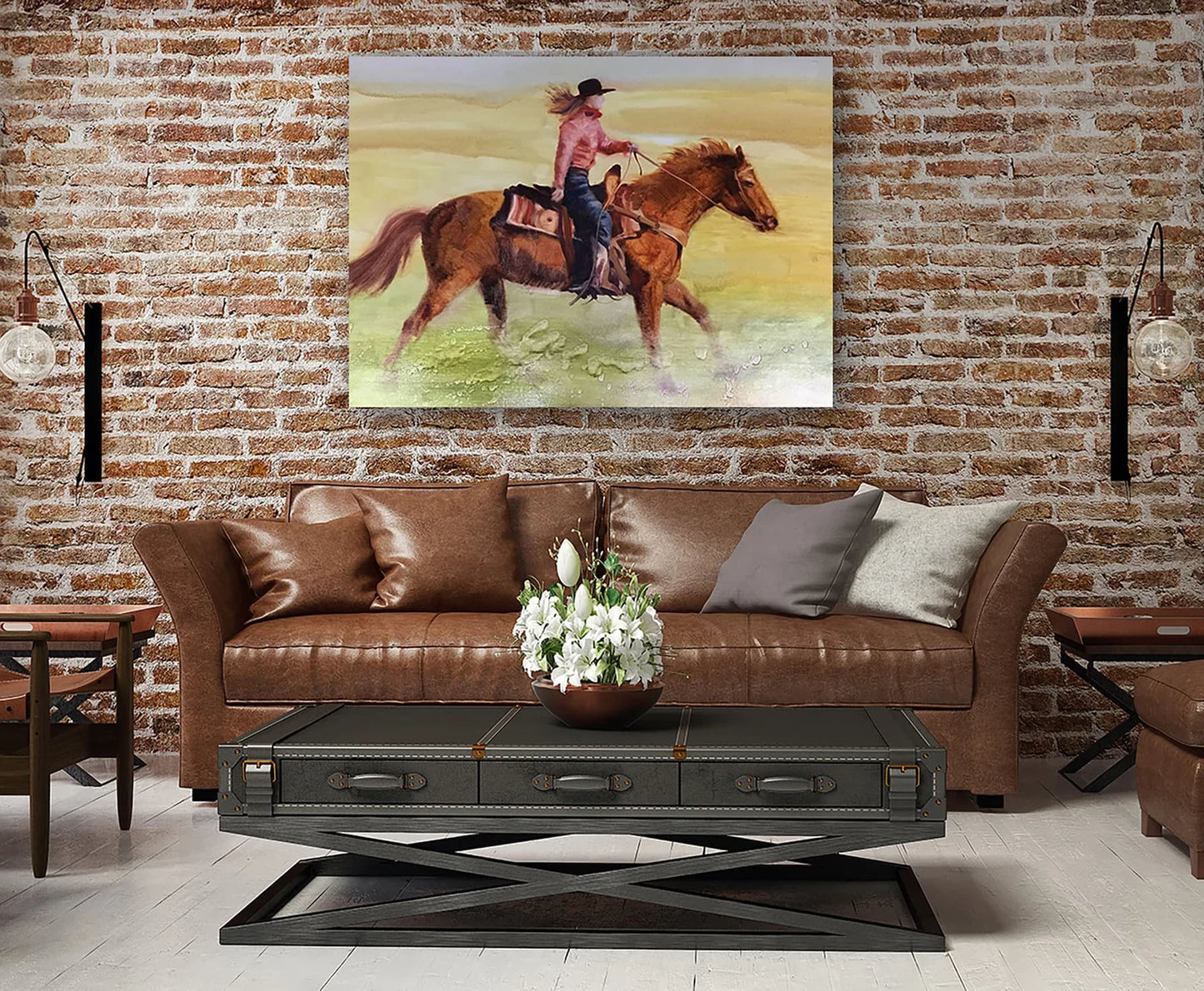 Original "River Ride: Girl Cowboy on a Running Horse" Hand Painted Artwork for Living Room, Bedroom, Foyer, Bar or Office - Framed Canvas