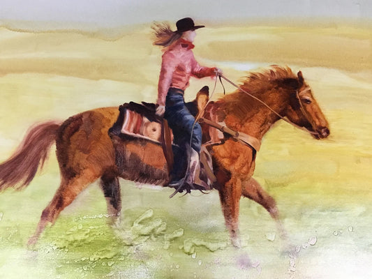 Original "River Ride: Girl Cowboy on a Running Horse" Hand Painted Artwork for Living Room, Bedroom, Foyer, Bar or Office - Framed Canvas