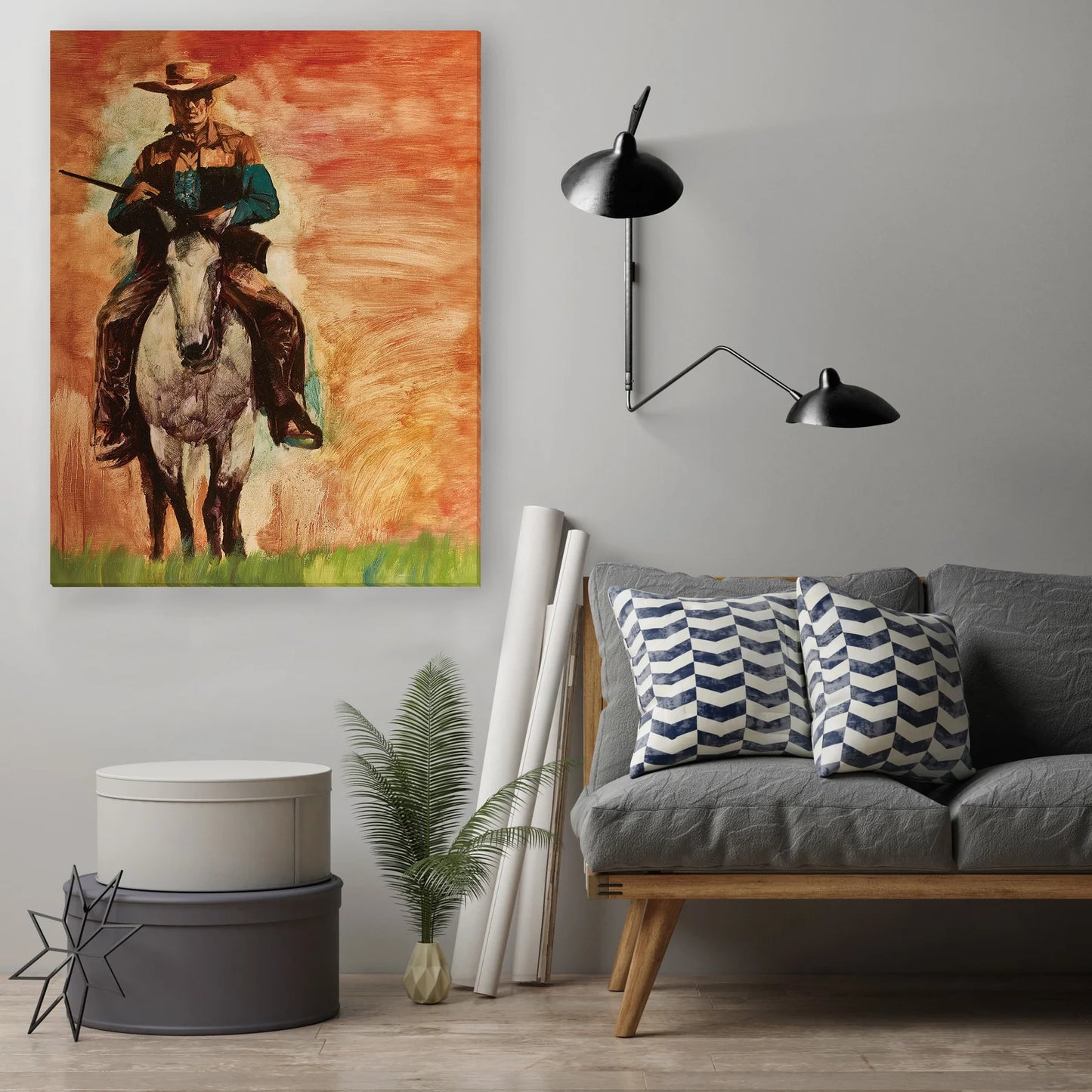Original "West Cowboy: Riding Alone on the Prairie" Hand Painted Artwork for Living Room, Bedroom, Foyer, Bar or Office - Framed Canvas