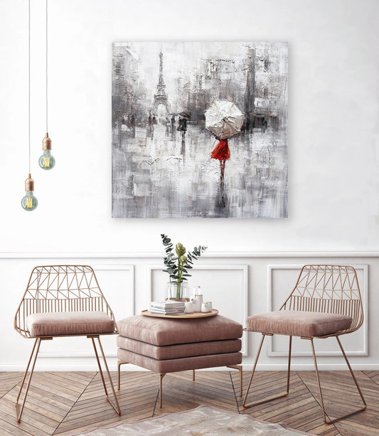 Original "Paris in the Rain" hand-painted artwork, wrapped canvas painting for living room, bedroom, foyer, bar, or office - 40" x 40"