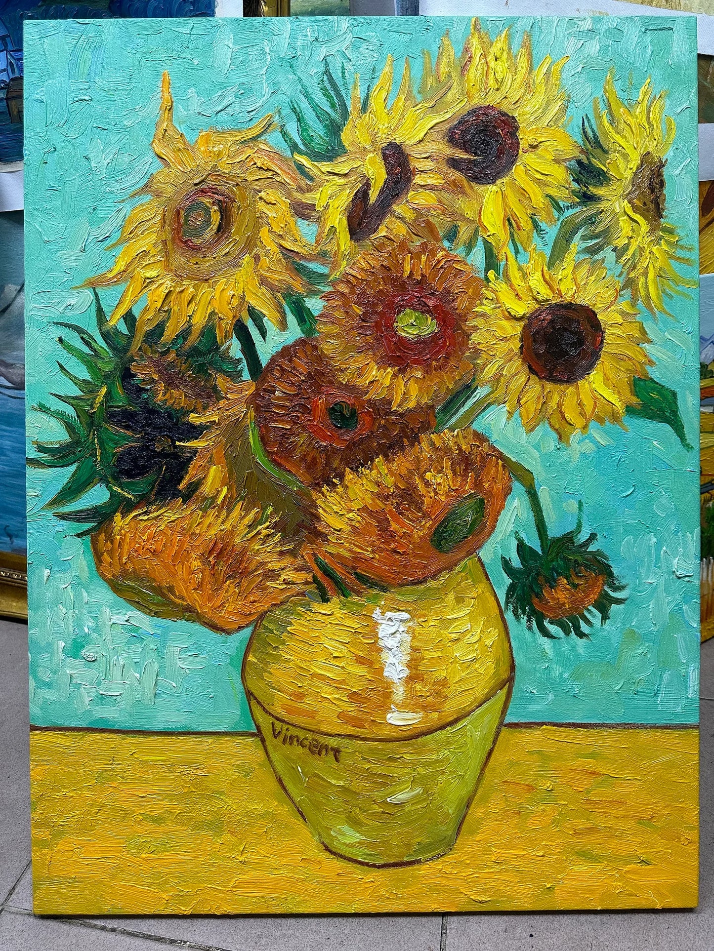 Hand-painted art "Sunflowers II" by Vincent Van Gogh, high quality reproduction of - Wrapped Canvas Painting