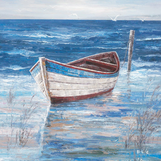 New Original artwork "Blue boat by the sea" hand-painted painting for Home decor - latest creation