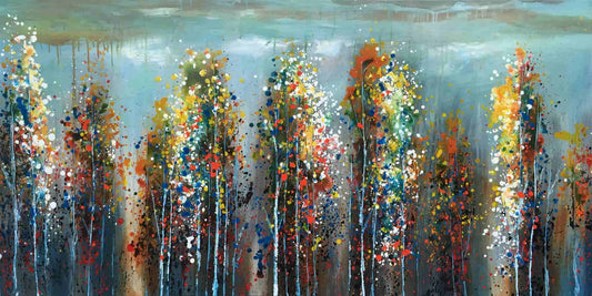 Original abstract oil painting "Autumn Forest in the Distance" hand-painted on canvas wrapped for Home Decor