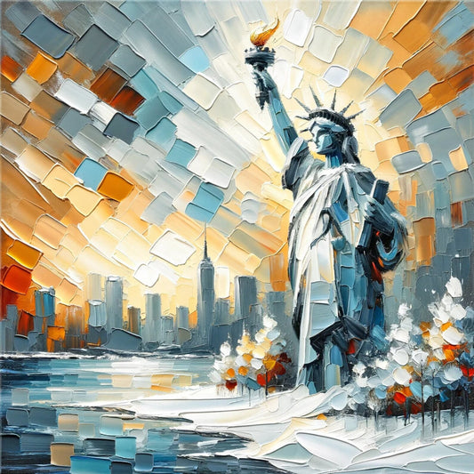 Modern Original New Art - Statue of Liberty & NYC Skyline - 30x30 Inch Textured Oil Painting on Canvas - Urban Home Decor Wall Art