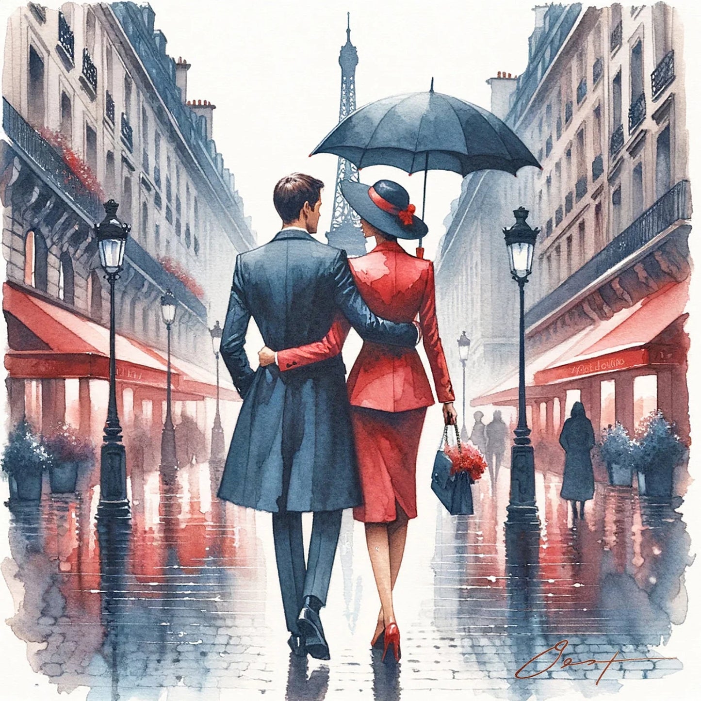 Valentine's Day present ”Parisian Love Stroll“ - Eiffel Tower View - Romantic Couple in Rain - Chic Home Decor - Watercolor print