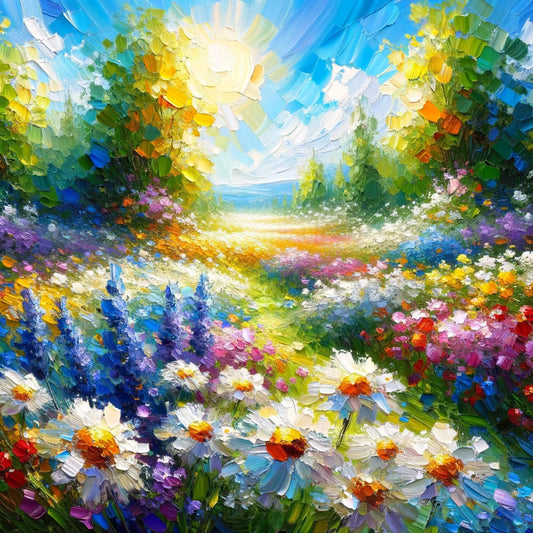 Original hand-painted "Impressionist Meadow Bliss: Textured Oil Painting of Daisies and Lavenders with Clear Blue Sky" - Canvas Wall Art
