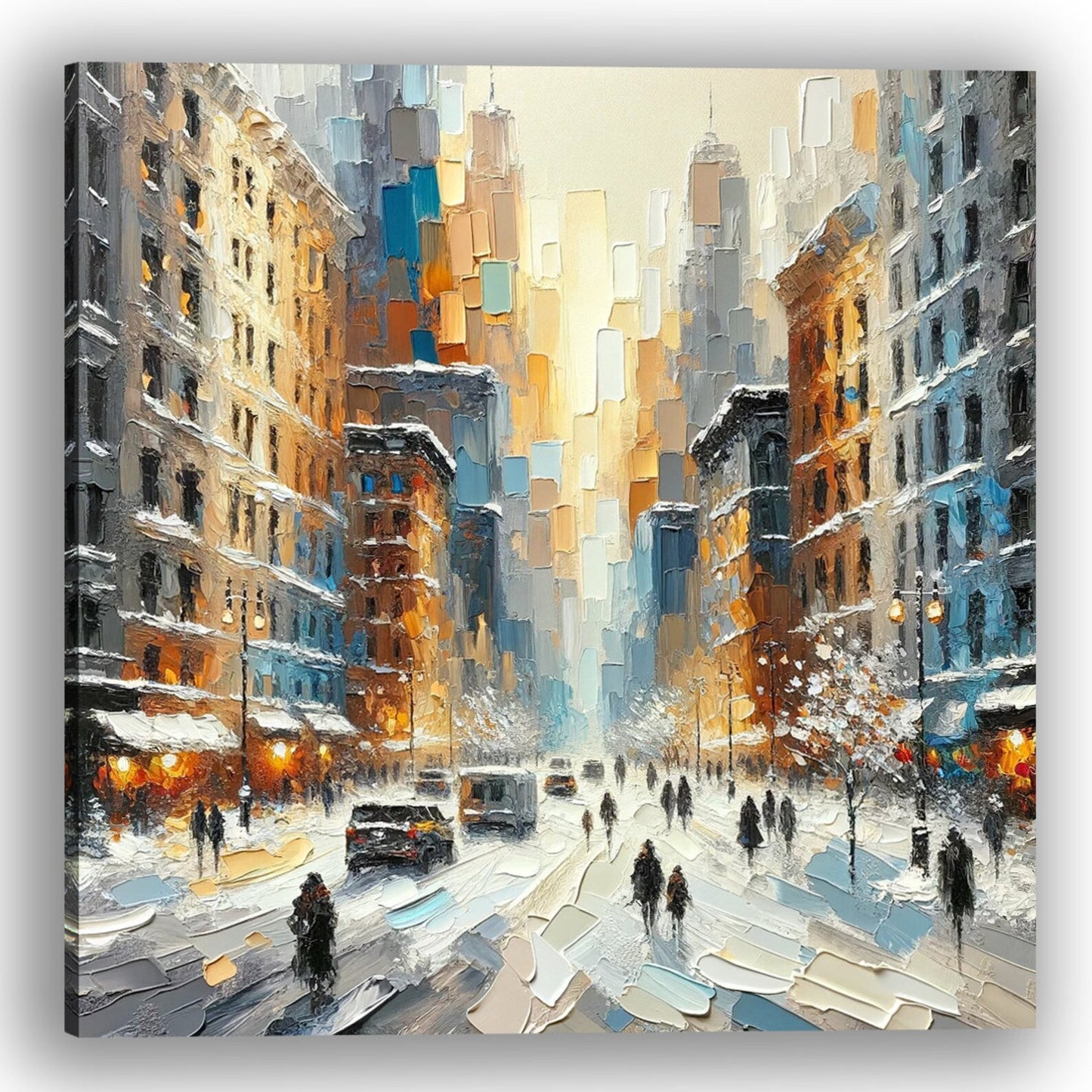 Winter Whisper - Textured Oil Painting of Snowy City Street - 40x40 Inch Canvas - Atmospheric Urban Landscape Wall Art