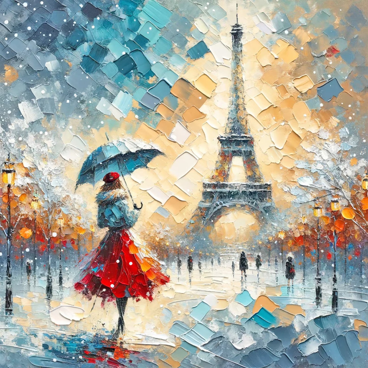 Original "Rainy Parisian Elegance" - hand-painted Impasto Oil Painting - Vibrant Eiffel Tower Street Scene Wall Art