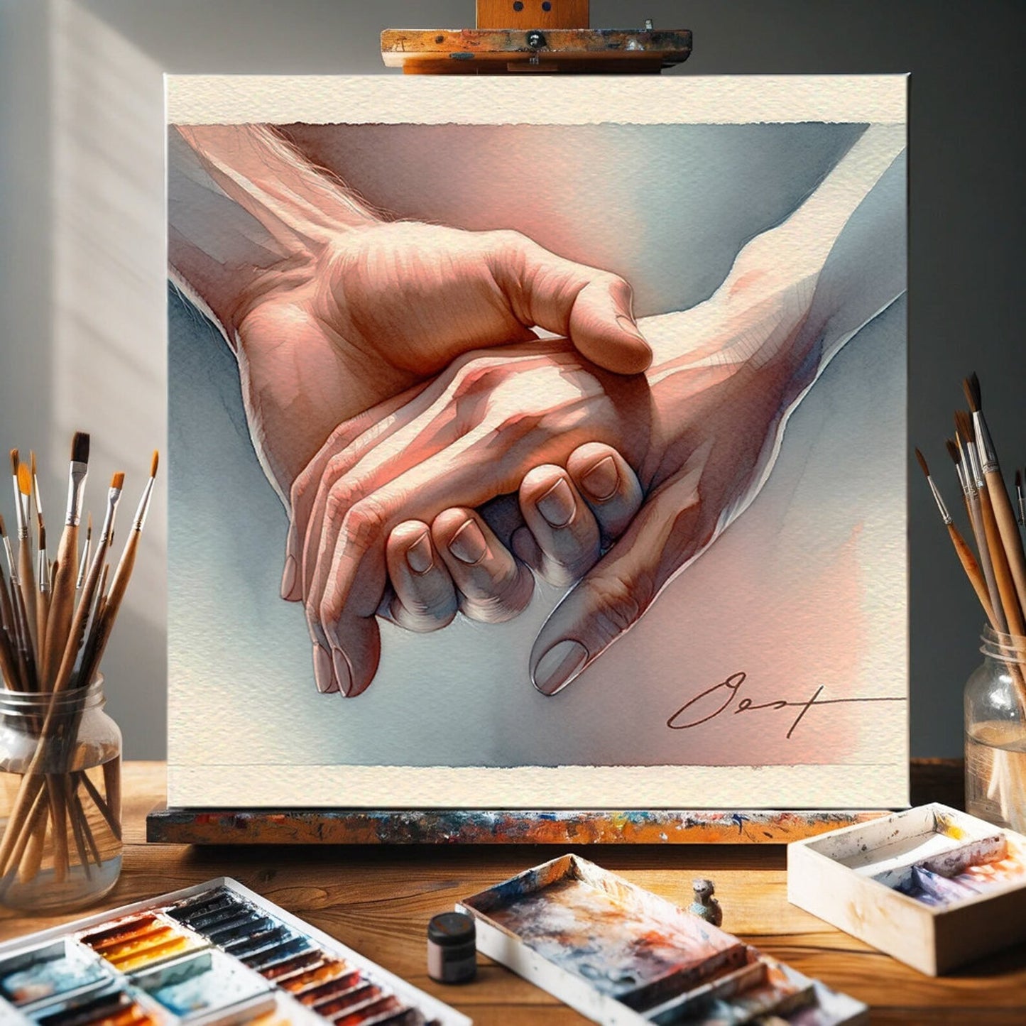 Valentine's Day present “Embrace of Souls” - Watercolor Canvas Print - Romantic Hand-Holding Art - Intimate Couple Gift