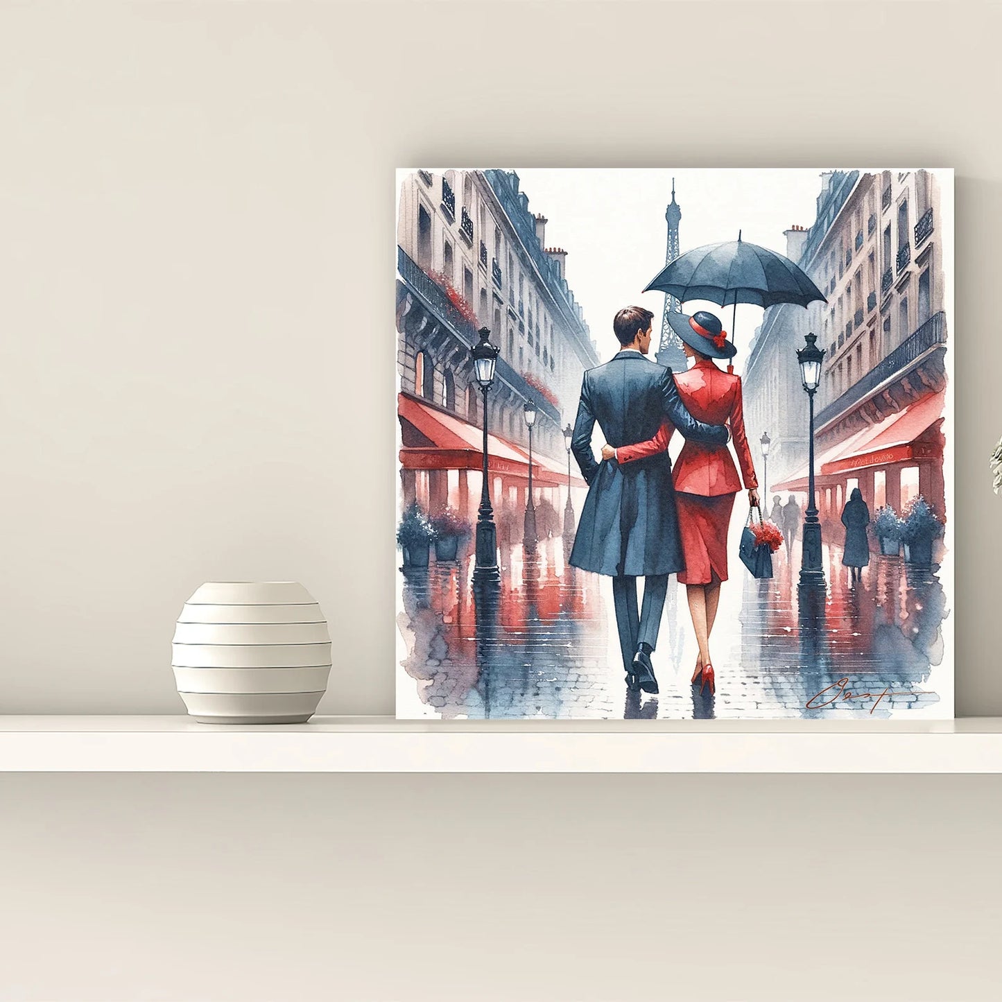 Valentine's Day present ”Parisian Love Stroll“ - Eiffel Tower View - Romantic Couple in Rain - Chic Home Decor - Watercolor print