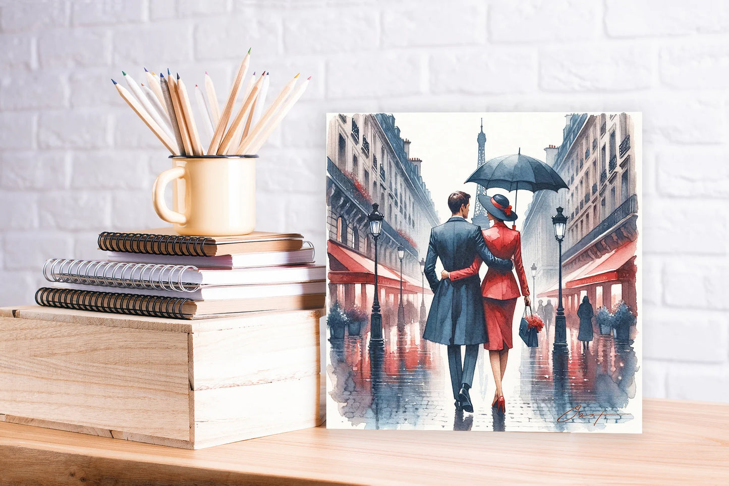 Valentine's Day present ”Parisian Love Stroll“ - Eiffel Tower View - Romantic Couple in Rain - Chic Home Decor - Watercolor print