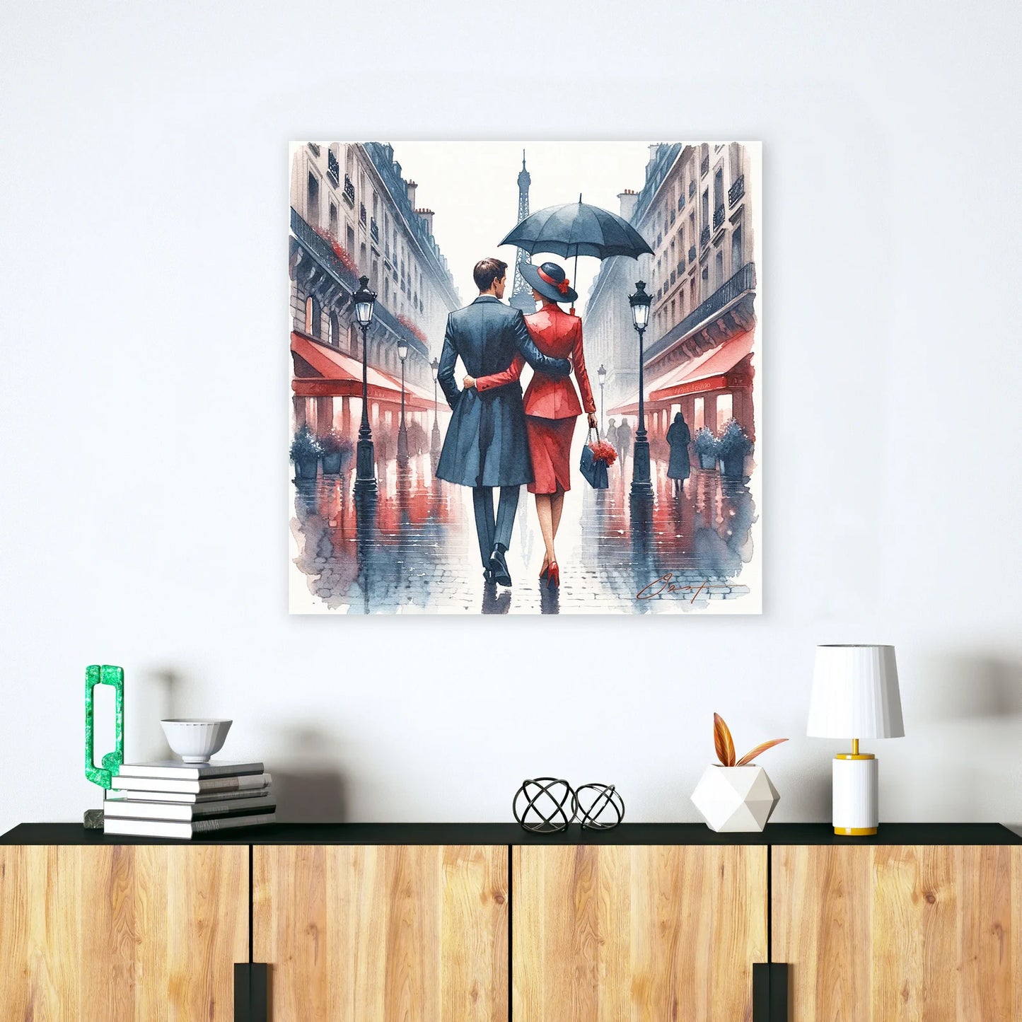 Valentine's Day present ”Parisian Love Stroll“ - Eiffel Tower View - Romantic Couple in Rain - Chic Home Decor - Watercolor print