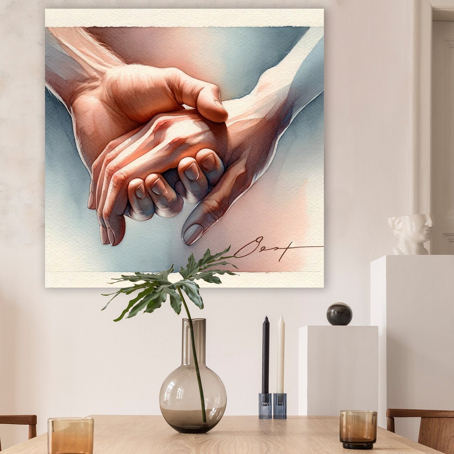 Valentine's Day present “Embrace of Souls” - Watercolor Canvas Print - Romantic Hand-Holding Art - Intimate Couple Gift