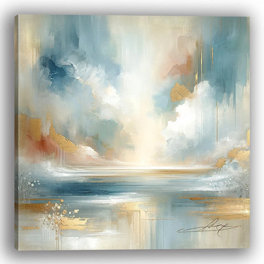 Serene Horizon: Abstract Sky and Sea in Gold and Blue - Original Hand-Painted Canvas Art for Modern Home Decor