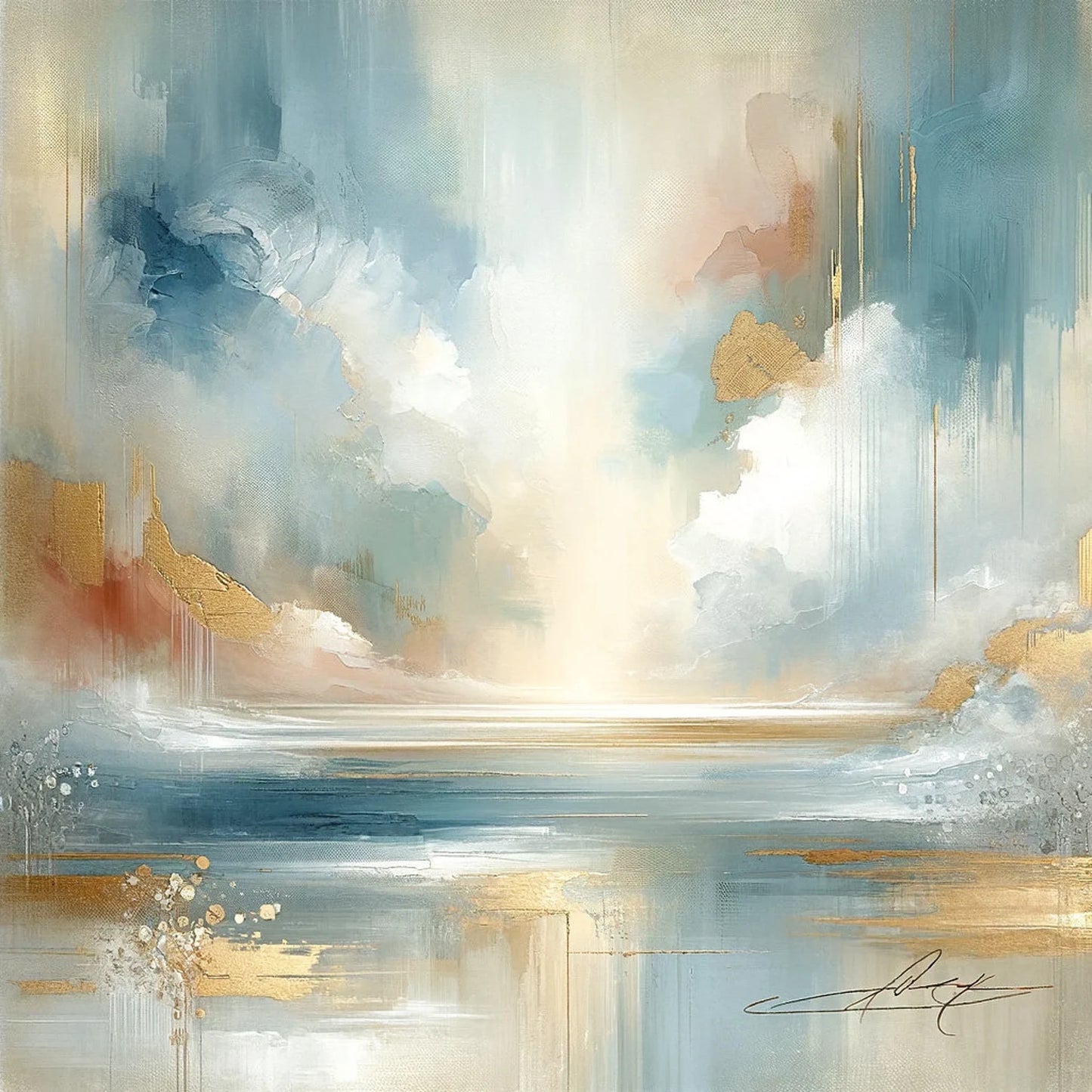 Serene Horizon: Abstract Sky and Sea in Gold and Blue - Original Hand-Painted Canvas Art for Modern Home Decor