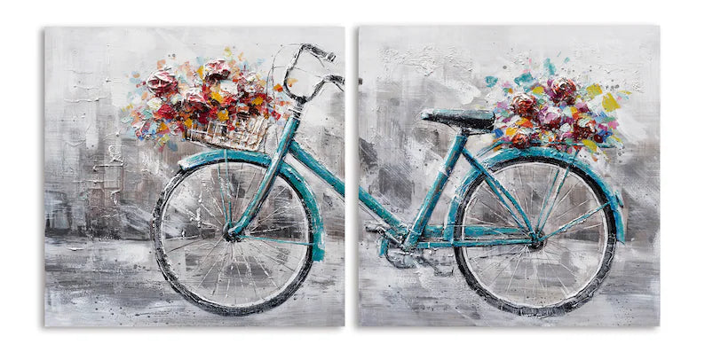 Hand-painted oil painting "Romantic bicycle" Abstract original Art, Canvas wall Art 2pcs set - Wrapped Canvas Painting