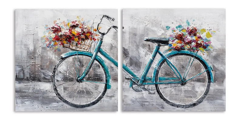 Hand-painted oil painting "Romantic bicycle" Abstract original Art, Canvas wall Art 2pcs set - Wrapped Canvas Painting