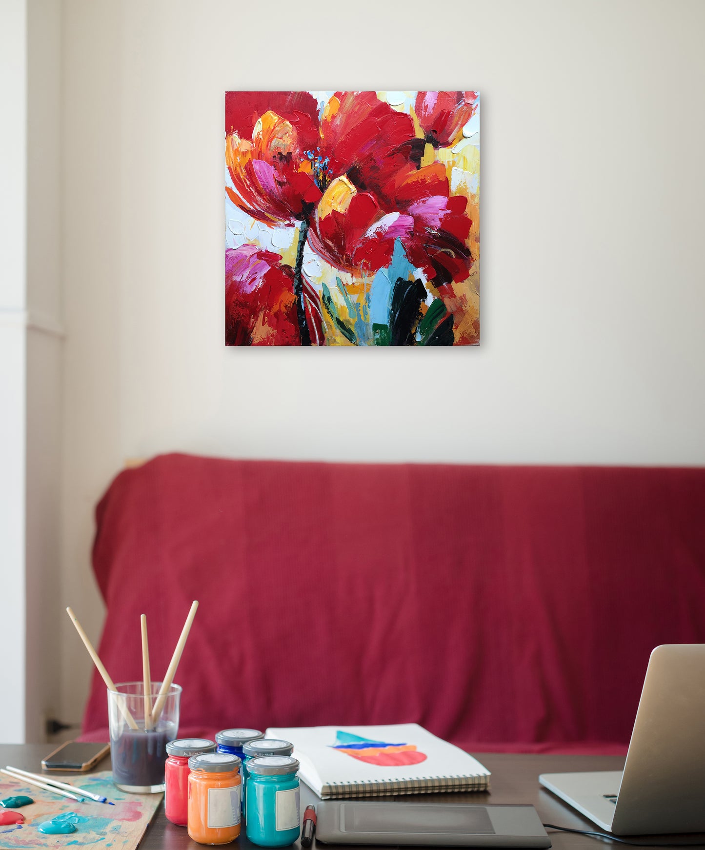 "Flaming Flowers" Hand Painted on Wrapped Canvas