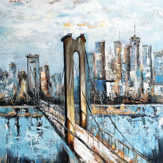 Original art "Urban Escape" - Hand-Painted Cityscape with Bridge, Textured Skyline Impasto, Metropolitan Decor Art