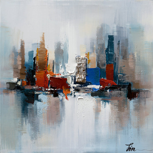 Hand-painted "Blue Reflections of Manhattan" oil painting original art, Canvas Wall art - Wrapped Canvas Painting