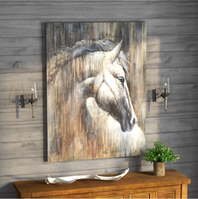 'Horse on the wood' Oil Painting Print on Wrapped Canvas