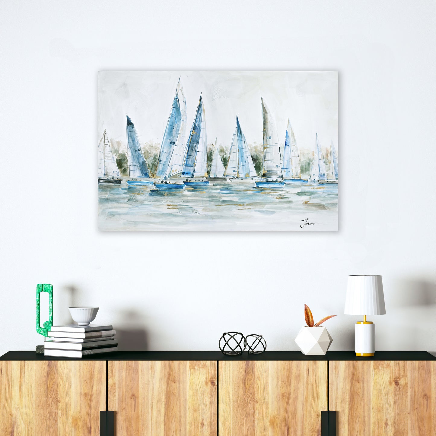 Gleaming Summer Blue Ships Oil Painting on Wrapped Canvas.  wall art, canvas artwork for living room, bedroom, office
