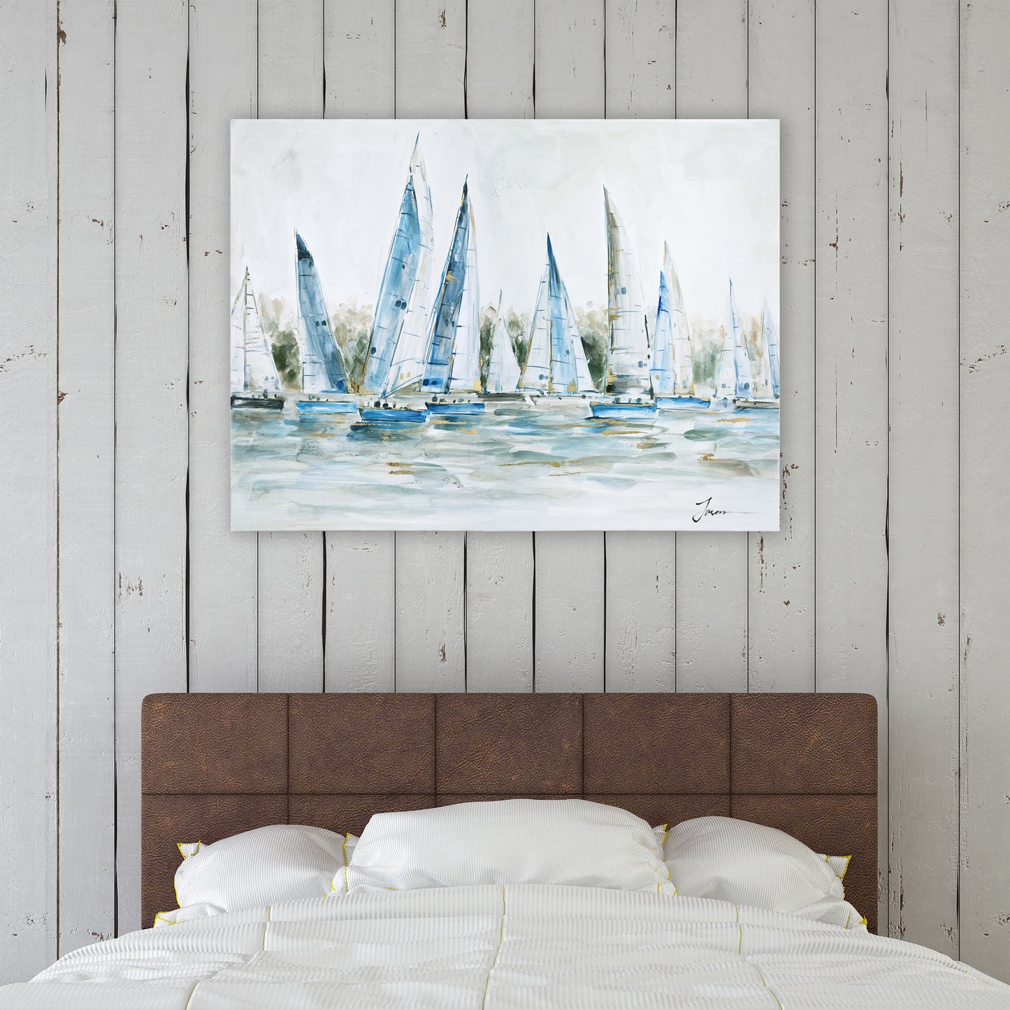 Gleaming Summer Blue Ships Oil Painting on Wrapped Canvas.  wall art, canvas artwork for living room, bedroom, office