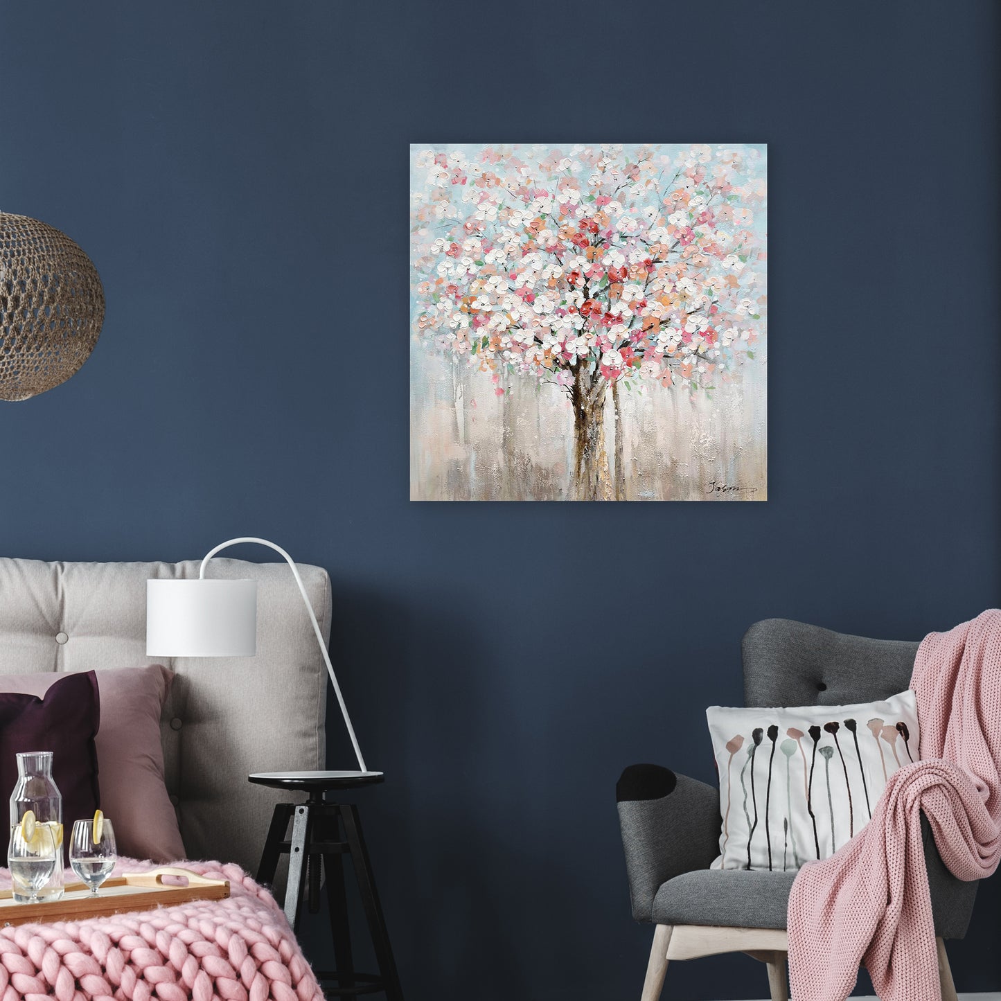 Hand-painted Art "Romantic flower tree" painting on canvas original, Wall art for living room, bedroom, office - Wrapped Canvas Painting
