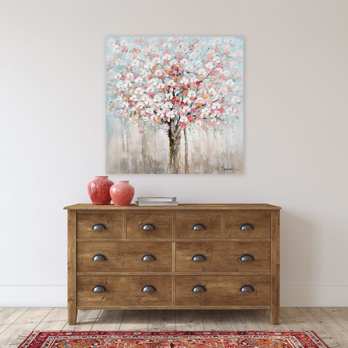 Hand-painted Art "Romantic flower tree" painting on canvas original, Wall art for living room, bedroom, office - Wrapped Canvas Painting