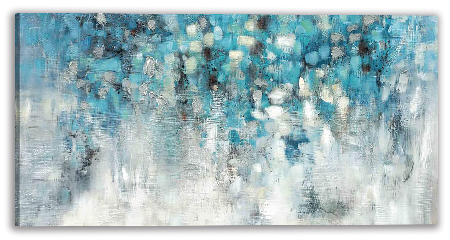 Hand-painted "Abstract blue leaves in the rain" original art, Canvas Wall art for living room, bedroom, office - Wrapped Canvas Painting