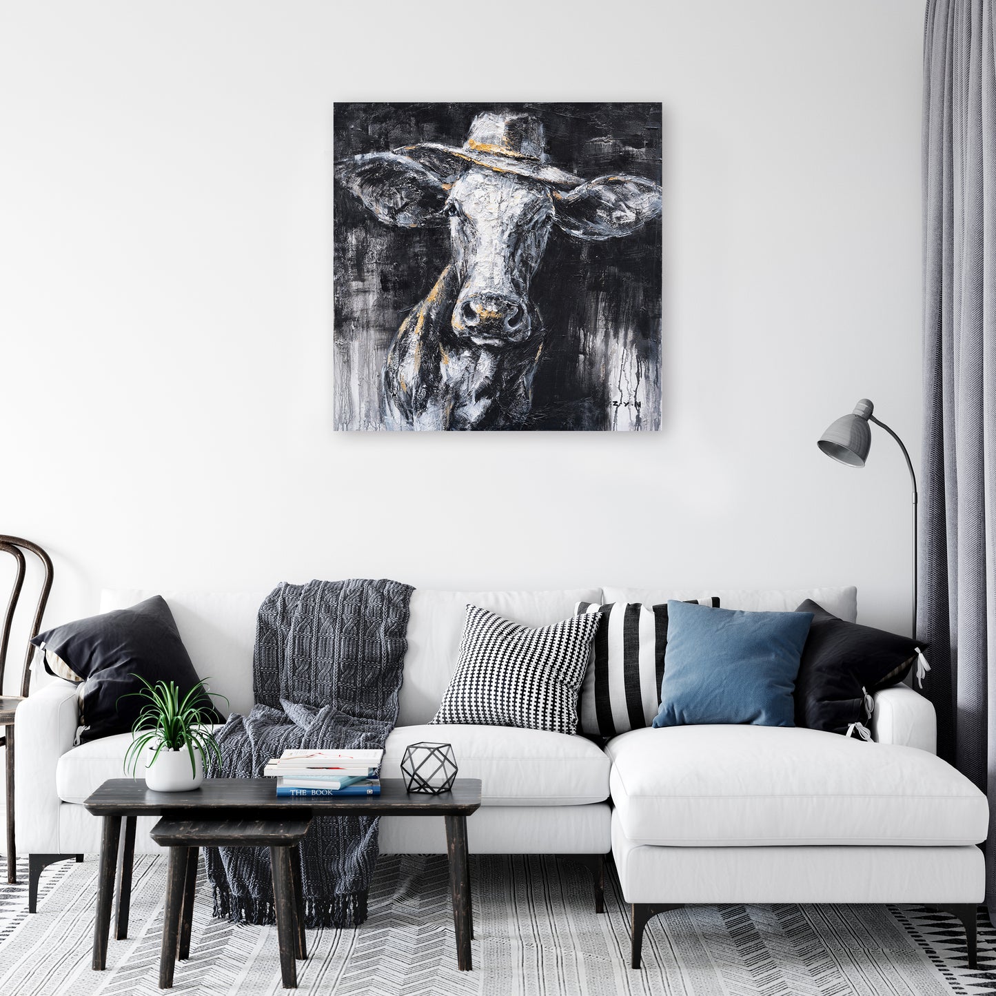 "Cow Wearing a Hat Oil Painting" Hand Painted on Wrapped Canvas