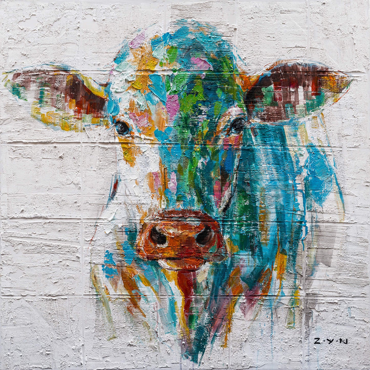 "Colorful Cow Oil Painting " Hand Painted on Wrapped Canvas