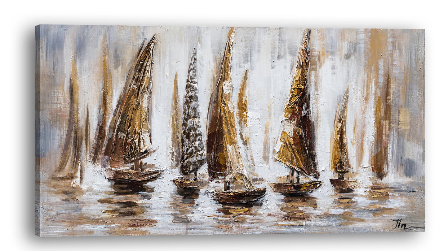 "Gold Sail Boats" Hand Painted on Wrapped Canvas