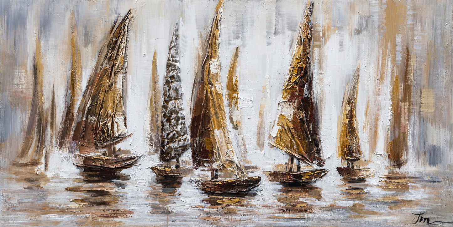 "Gold Sail Boats" Hand Painted on Wrapped Canvas