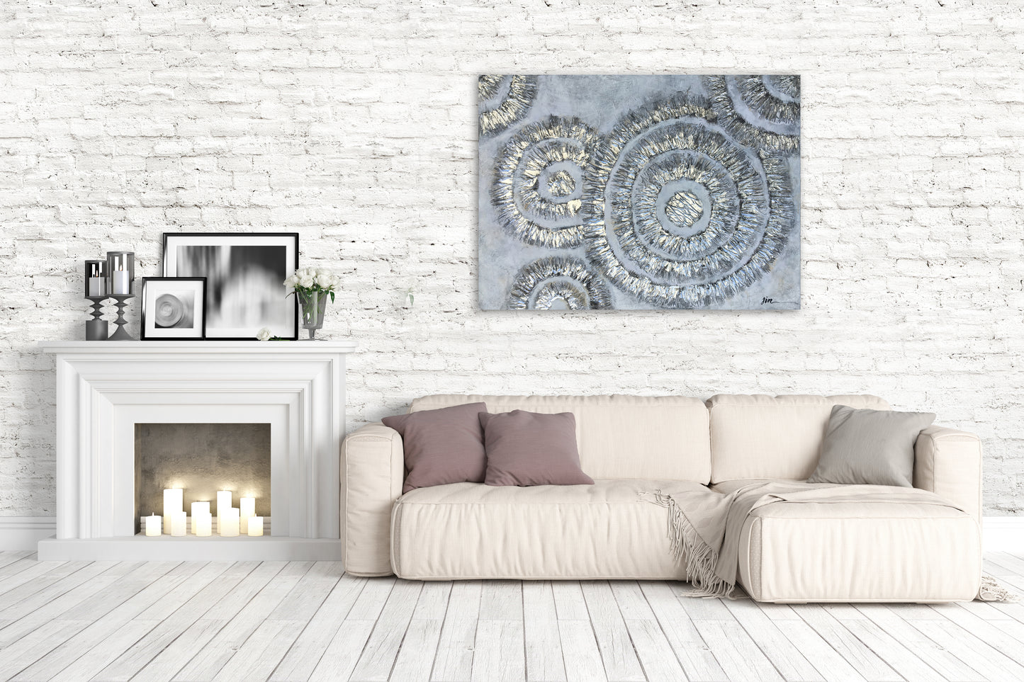 "Shiny Silver Circles" Hand Painted on Wrapped Canvas