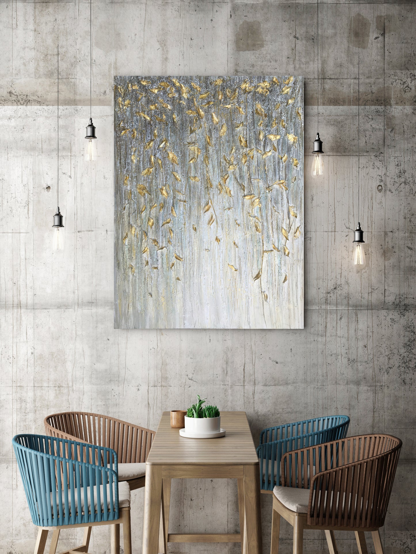 "Dangling Gold Leaves I" Hand Painted on Wrapped Canvas