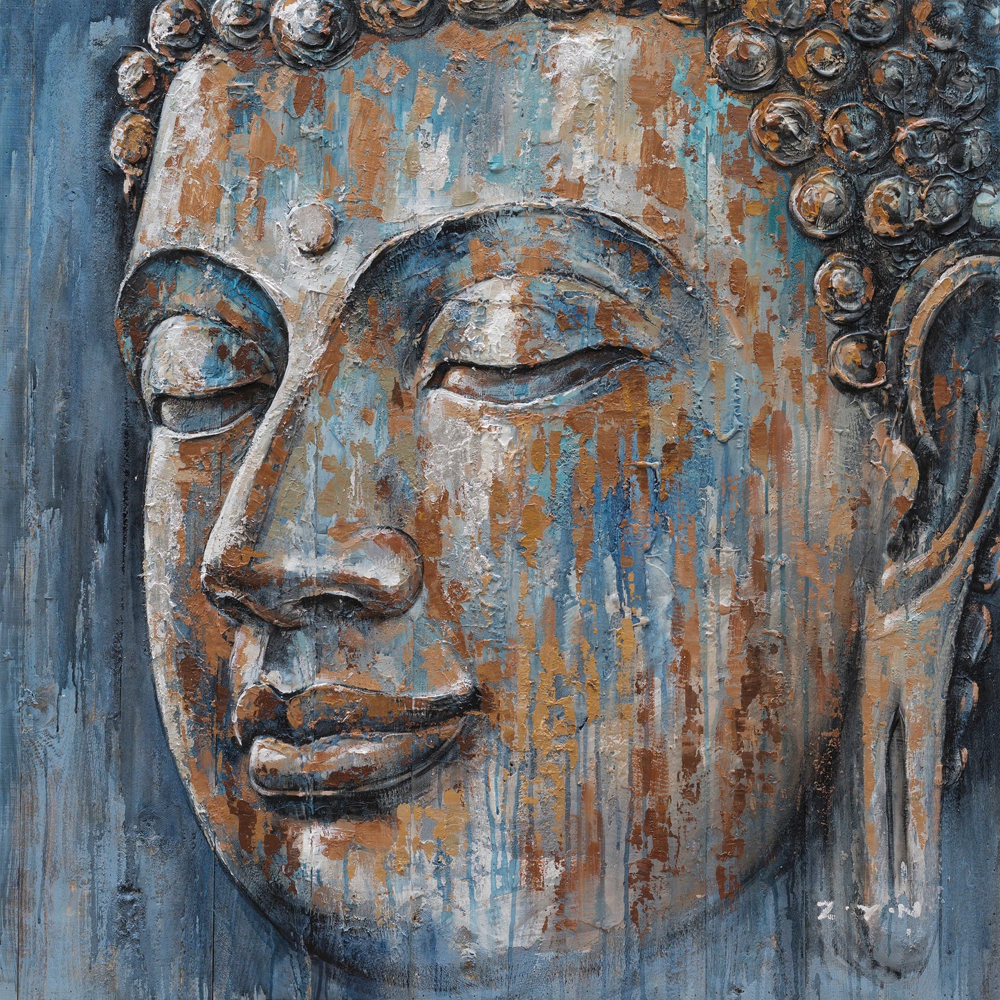 Hand-painted "Golden Buddha on blue background" Oil painting on canvas original, Canvas Wall art - Wrapped Canvas Painting