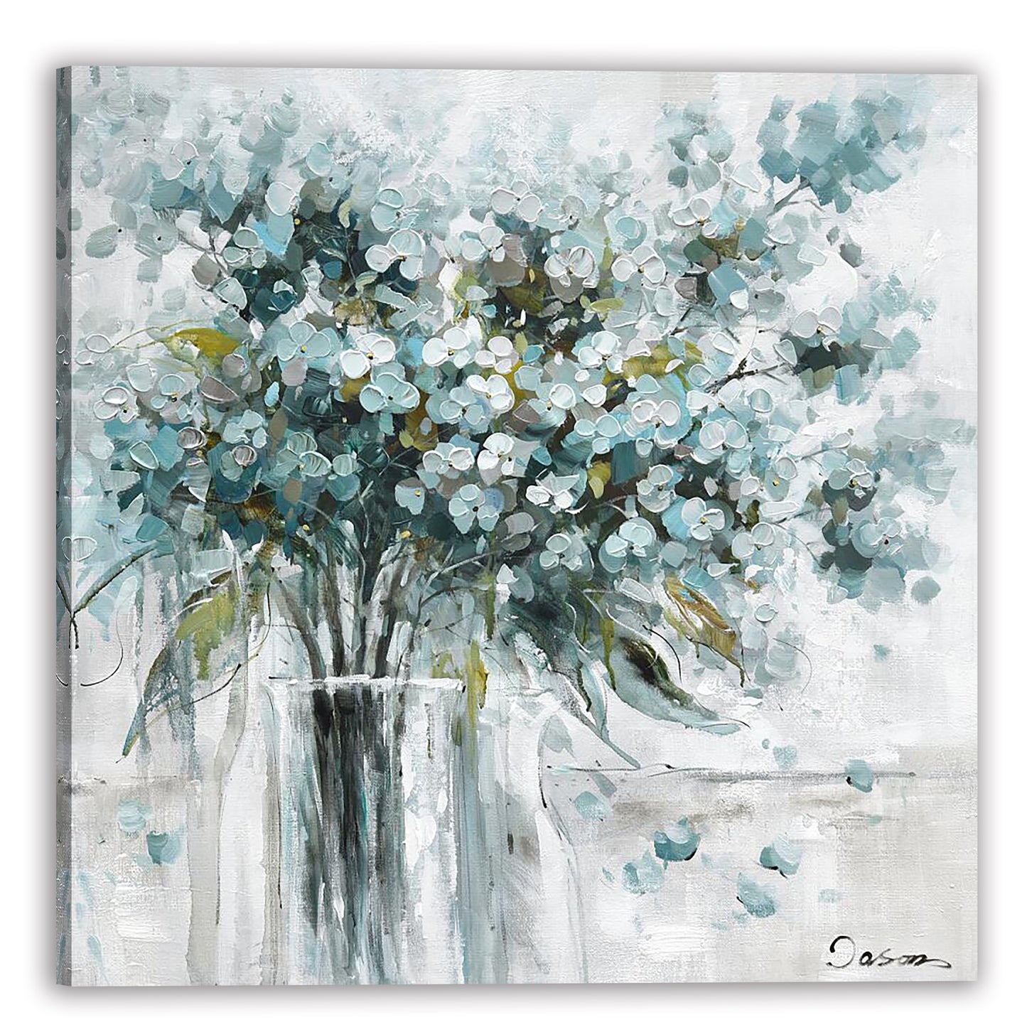 Hand-painted "Blue Flowers in vase " painting original art, Canvas Art for living room, bedroom, bathroom, office - Wrapped Canvas Painting
