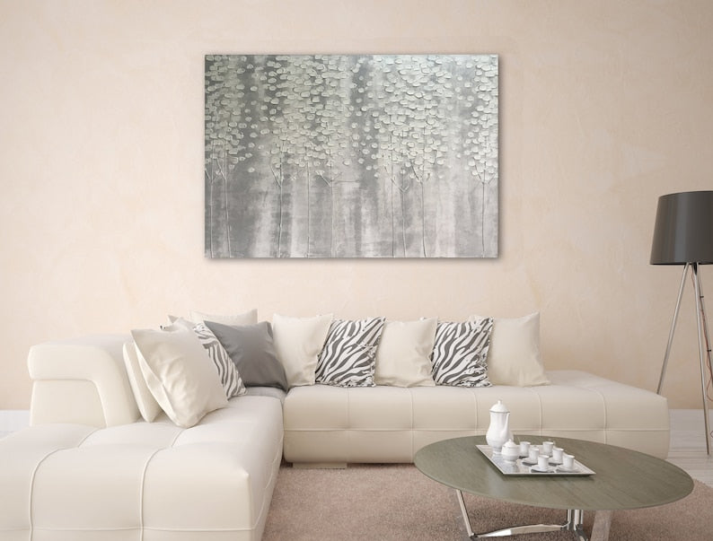 Hand-Painted "The White Forest in the Dream“ Abstract  Modern artwork, Wall Art for living room, bedroom - Wrapped Canvas Painting