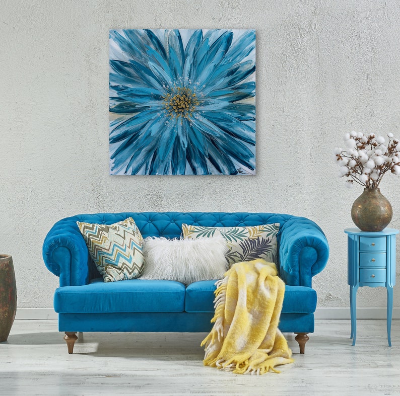 Hand-painted "Blue Blossom Symphony" Oil painting original Art, Canvas Wall art for living room, bedroom - Wrapped Canvas Painting