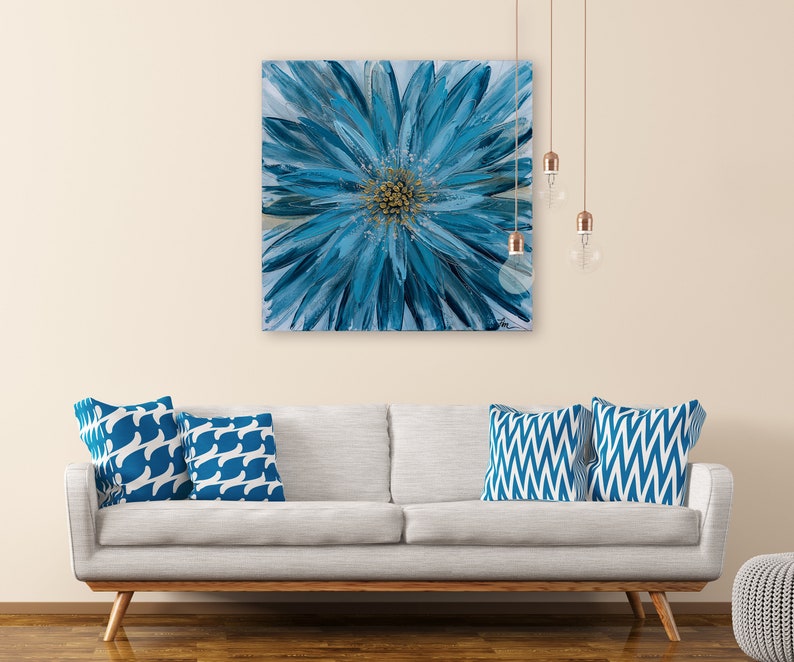 Hand-painted "Blue Blossom Symphony" Oil painting original Art, Canvas Wall art for living room, bedroom - Wrapped Canvas Painting