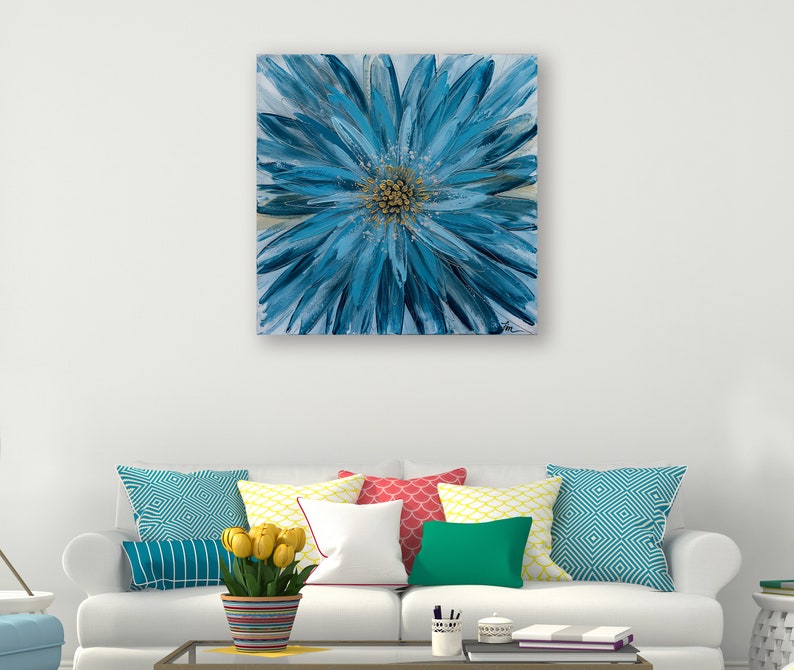 Hand-painted "Blue Blossom Symphony" Oil painting original Art, Canvas Wall art for living room, bedroom - Wrapped Canvas Painting