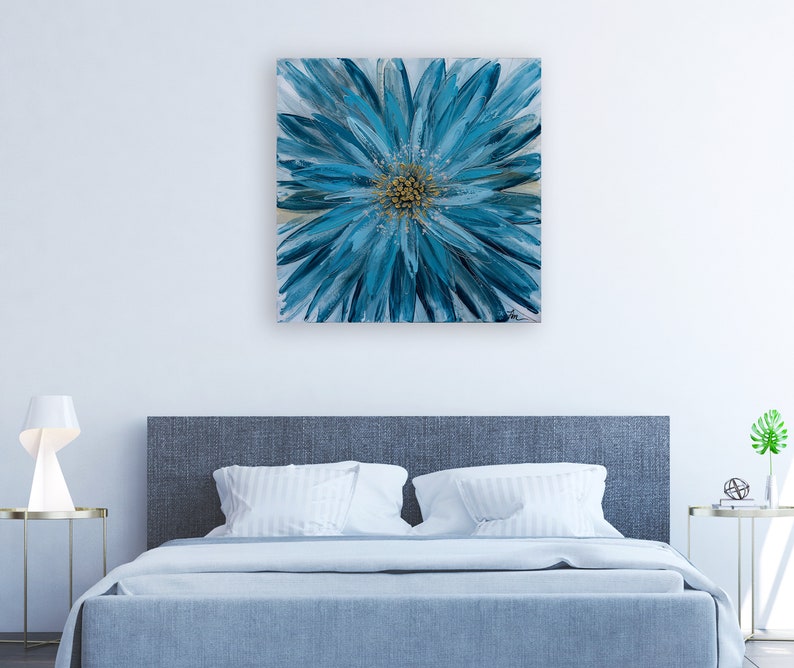 Hand-painted "Blue Blossom Symphony" Oil painting original Art, Canvas Wall art for living room, bedroom - Wrapped Canvas Painting