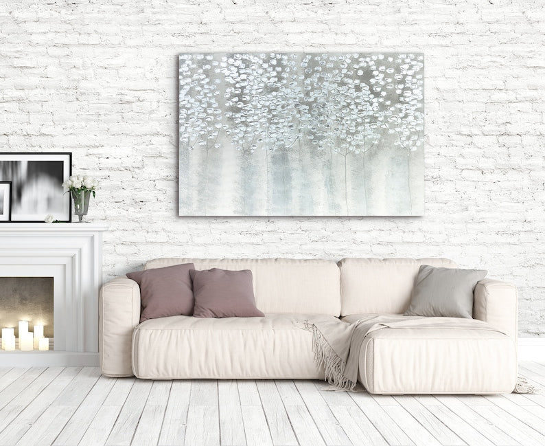 Hand Painted "Ethereal Silver Woods" original Art, Wall Art for living room, bedroom- Wrapped Canvas Painting