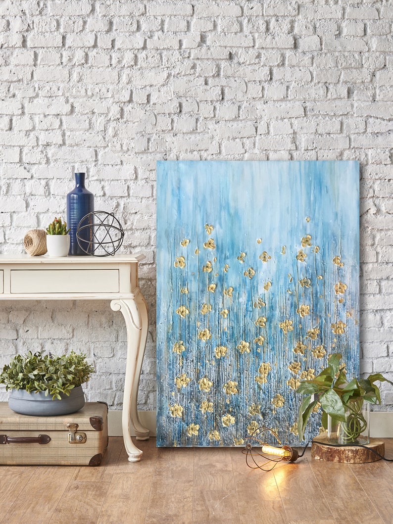 Hand painted "Golden flowers on blue background" painting original, Canvas wall art for living room, bedroom - Wrapped Canvas Painting