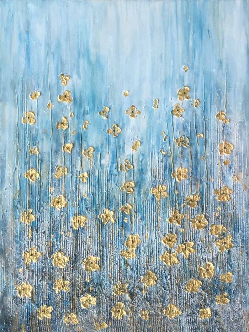 Hand painted "Golden flowers on blue background" painting original, Canvas wall art for living room, bedroom - Wrapped Canvas Painting