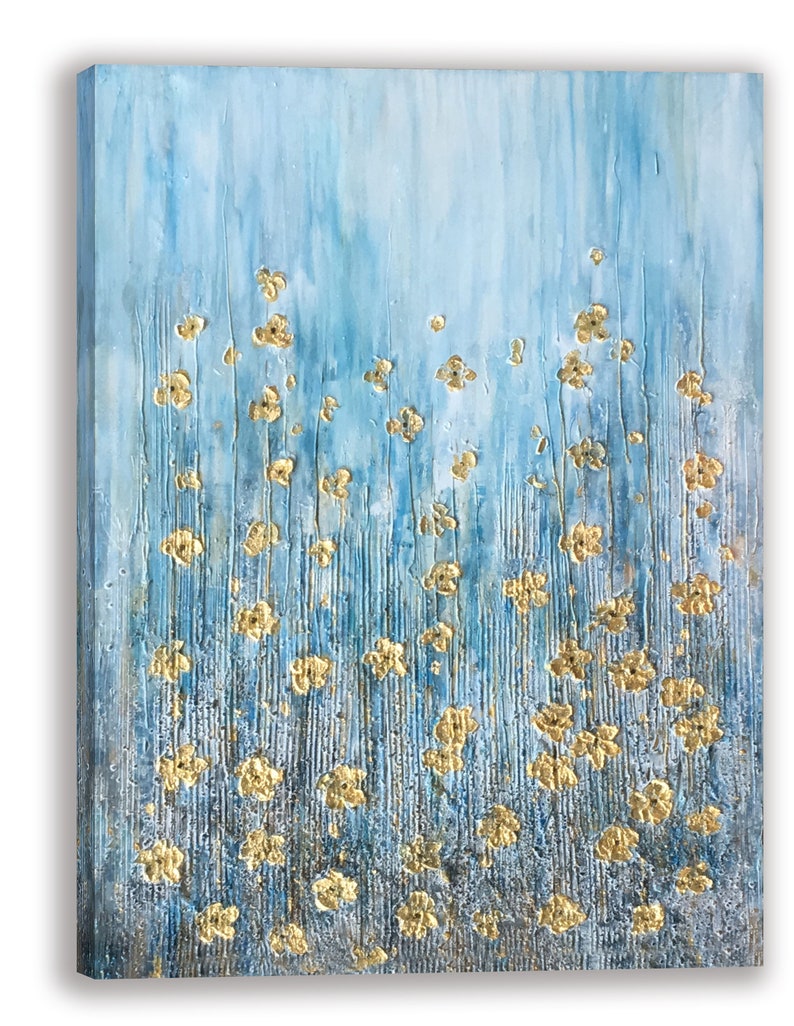 Hand painted "Golden flowers on blue background" painting original, Canvas wall art for living room, bedroom - Wrapped Canvas Painting