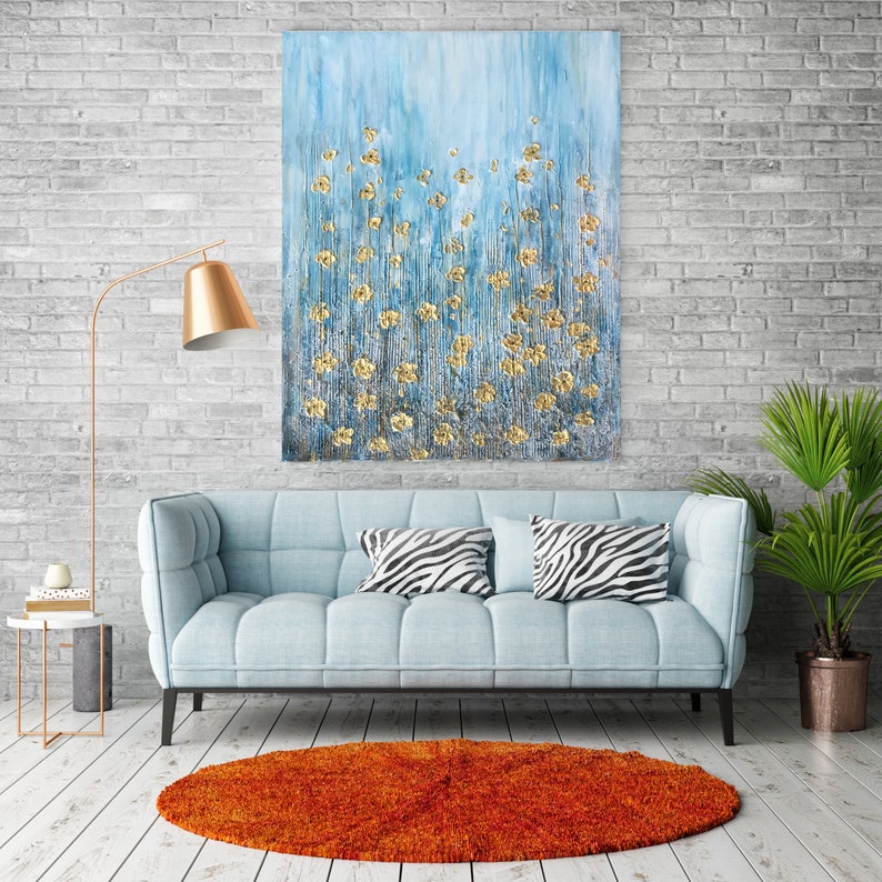 Hand painted "Golden flowers on blue background" painting original, Canvas wall art for living room, bedroom - Wrapped Canvas Painting